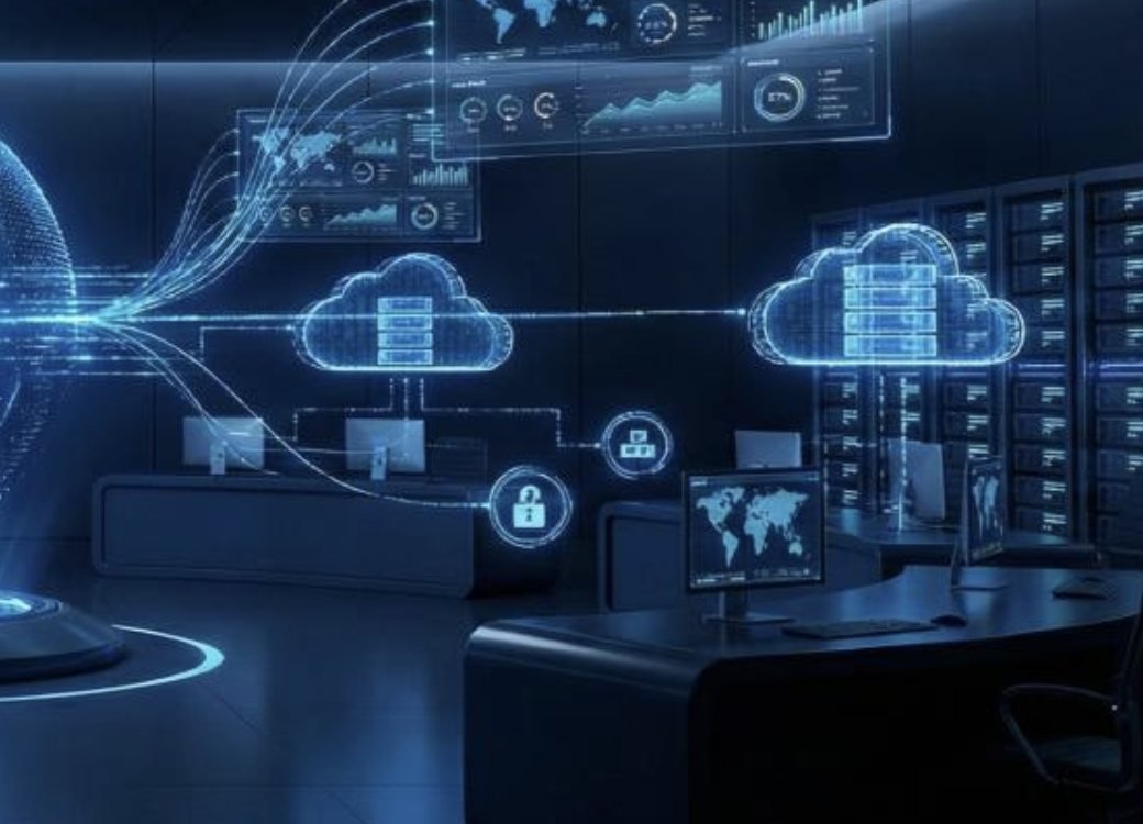 Glowing cloud and server racks
