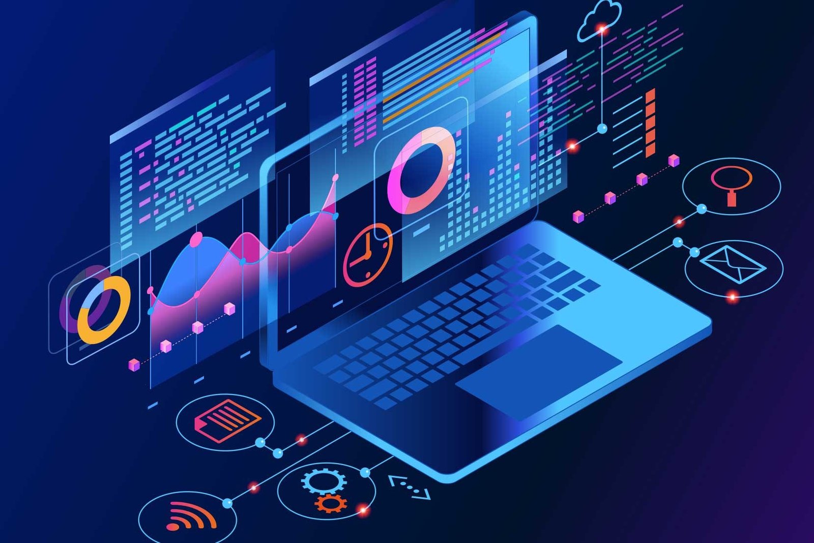 Laptop with analytics dashboards, charts and connected app icons