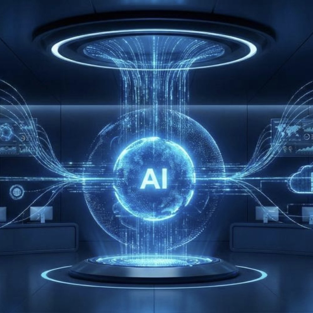 Glowing AI core connecting dashboards, cloud and network towers