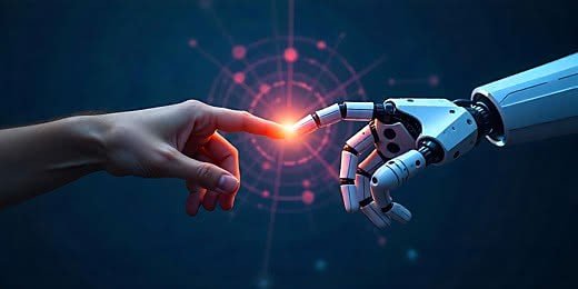 Human fingertip touching a robotic fingertip with a glowing spark