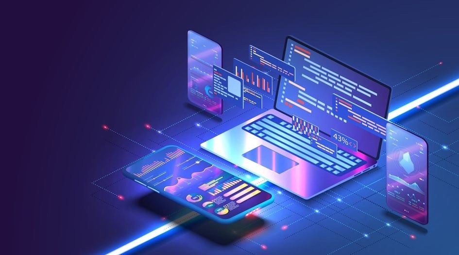 Isometric laptop and phones showing code and analytics