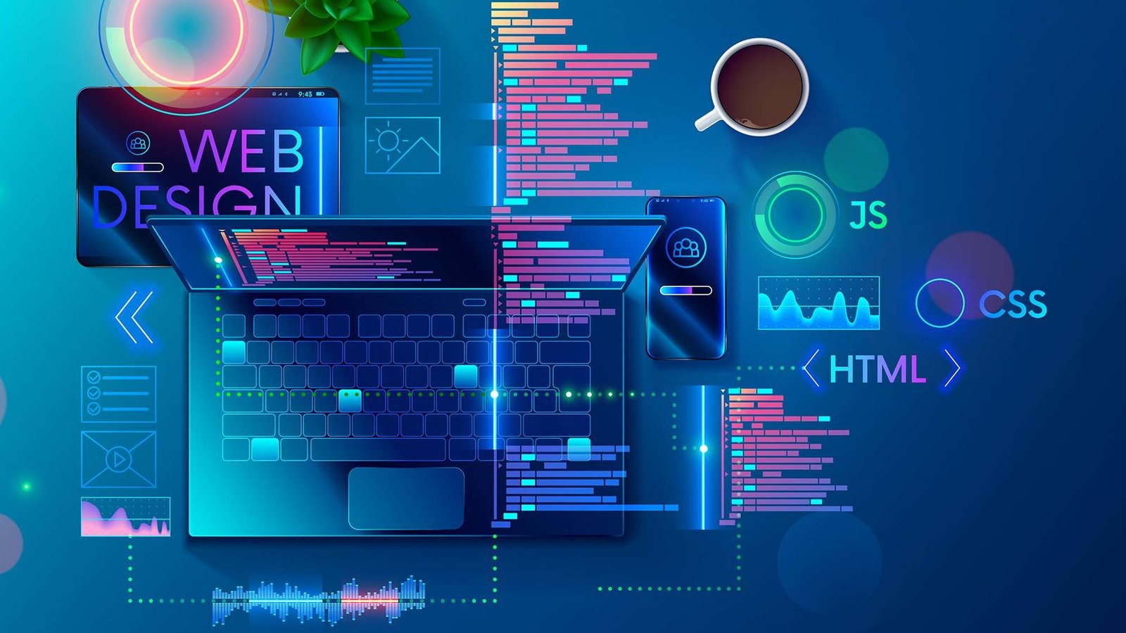 Web design workspace with laptop, tablet, phone and code